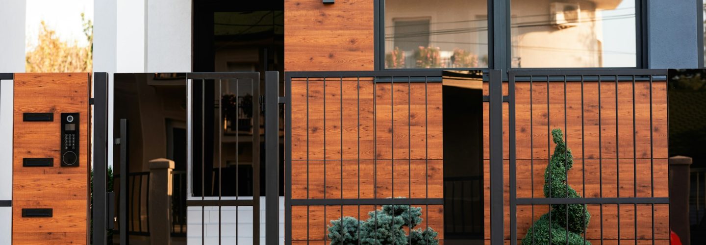 Safety gate and exterior on a modern house.